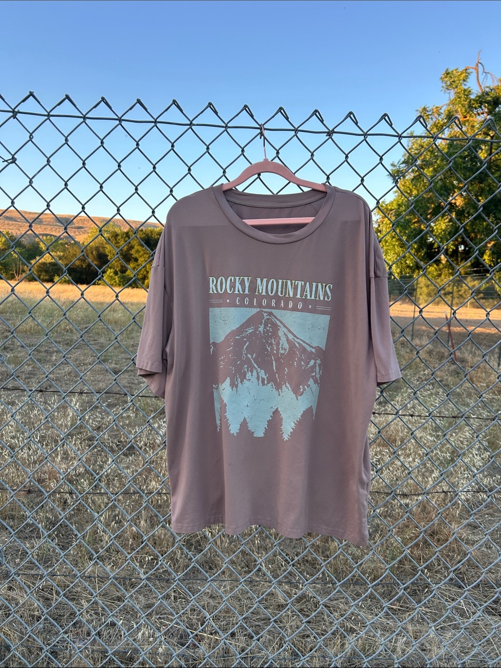 Rocky Mountains Graphic Tee in Dusty Mauve and light green logo